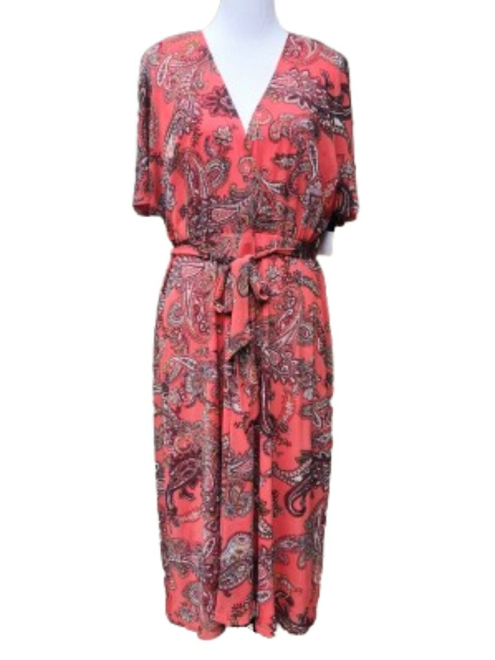 Studio One Red Paisley Print Dress NWT Mesh Shift Splice Neck Tie Waist